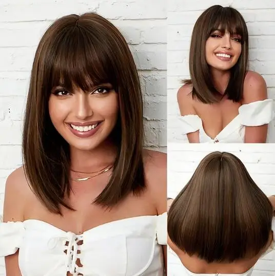 Cheap Wigs Brown Synthetic Wigs Medium Length Straight Wig with Bangs Hair for Black Women Daily Cosplay Use Heat Resistant