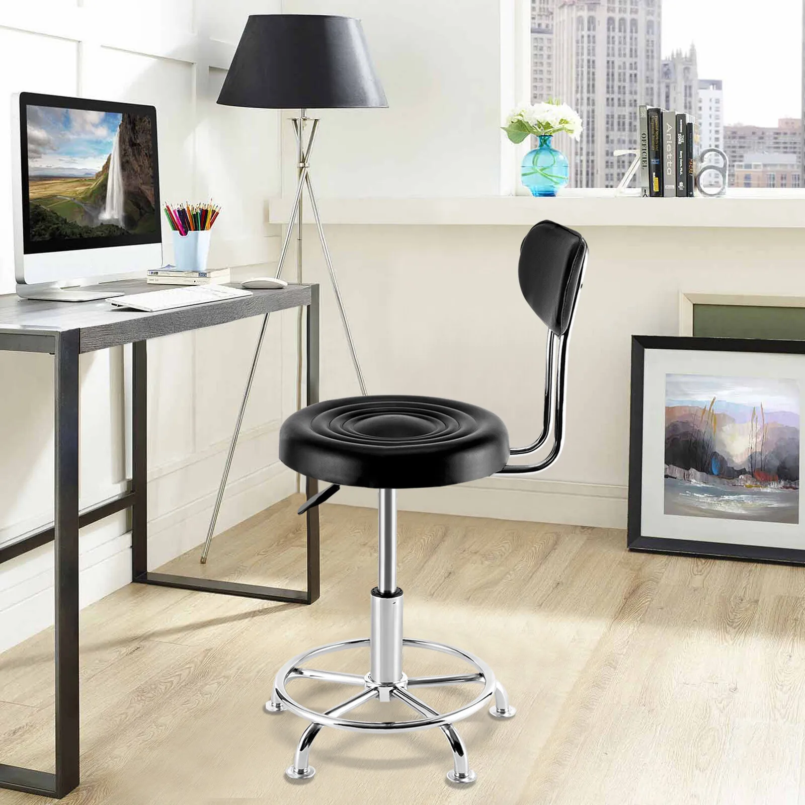 

Work Shop Stool Bench Hydraulic Chair Bar Garage Adjustable Height 42-54cm With Back Footrest