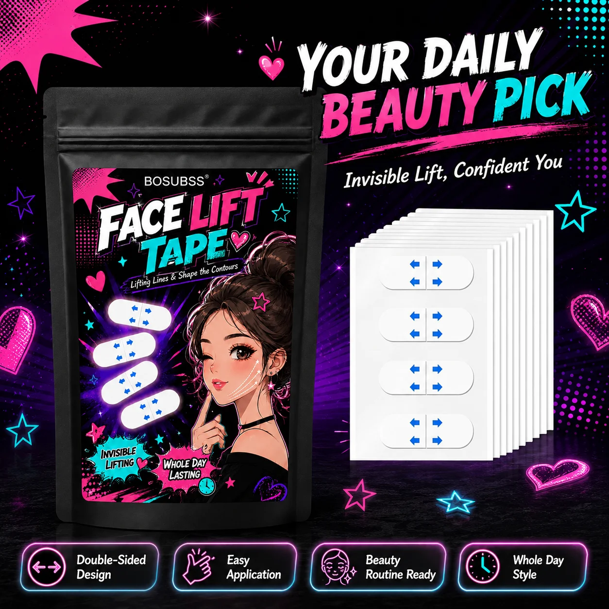 40 bandes adhésives pour le visage, souples et esthétiques, pour un maquillage quotidien, un coiffage facile et une routine beauté prête pour les photos