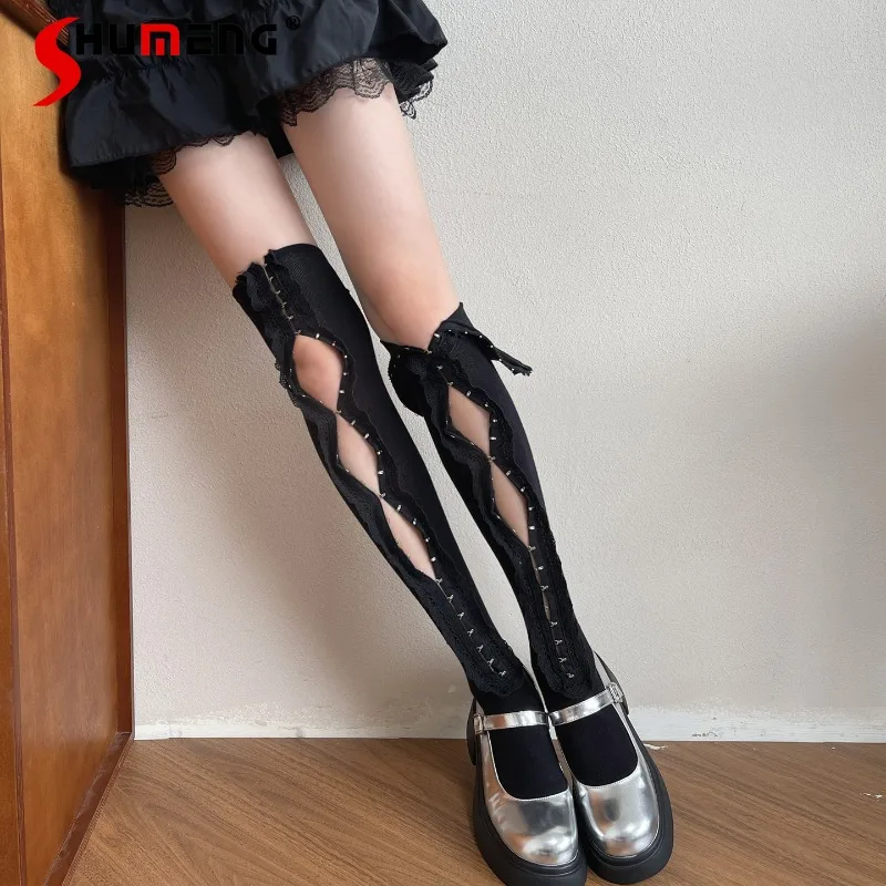 2025 Autumn New Millennium Y2K Stockings Hot Girl Retro Underwear Buckle Lace Hollow Unique Design Long Tube Calf Pile Socks