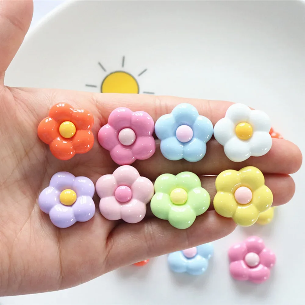 10PCS Kawaii Shiny Rounded Five Petal Flower Miniature Flatback Resin Cabochons For Bow Jewelry DIY Home Decor Craft Accessories