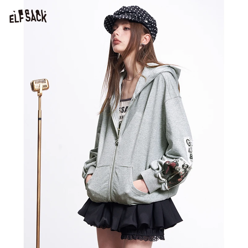 ELFSACK Vintage Zip Up Hoodie for Women,  Oversized Photo Patch Sweatshirt Jacket, Harajuku Aesthetic Grey Casual Coat