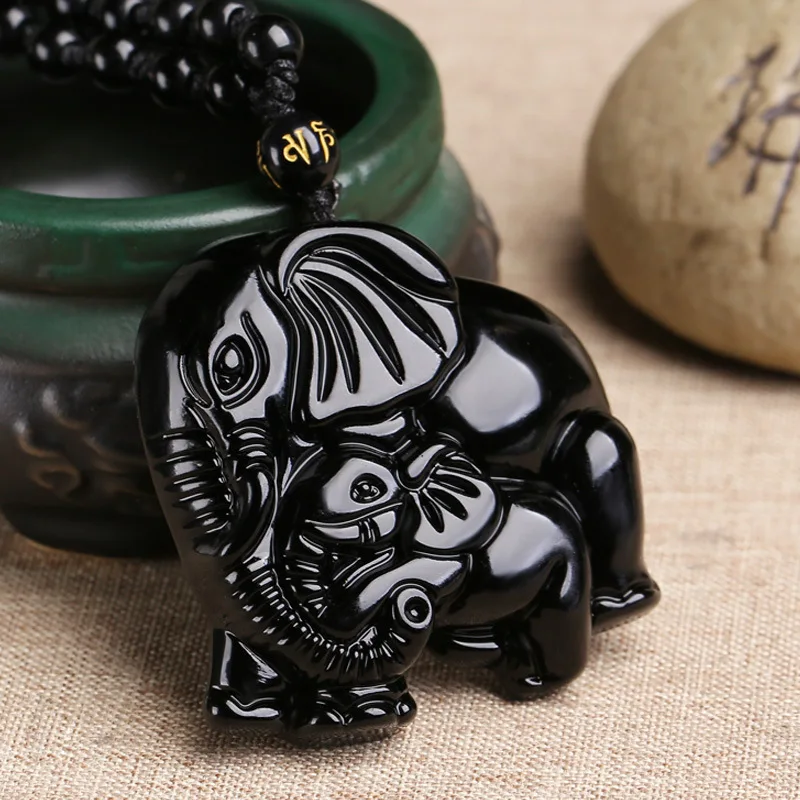 Natrual Obsidian Carved Elephant Nose God of Wealth Lucky Pendants Black Obsidian Necklace for Women Men