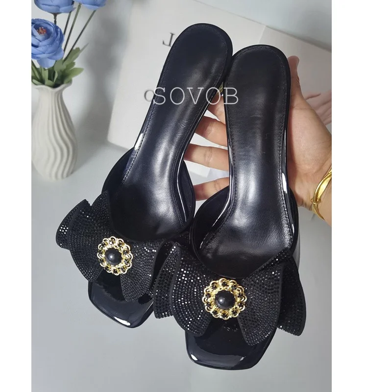 New Summer Patent Leather Rhinestone Bow Decoration High-Heeled Slippers Women Sweet Fairy Style Slippers Banquet Dress Shoes