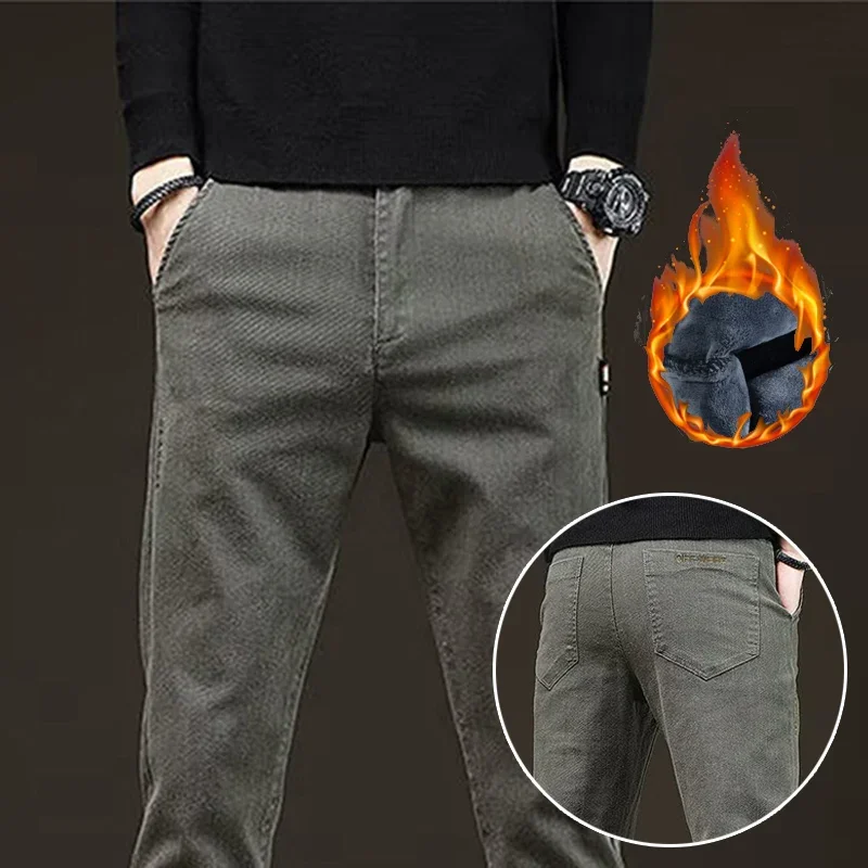 

2025 мужские эластичные узкие термозимние теплые джинсовые брюки мужские крутые уличные брюки мужские узкие флисовые утепленные повседневные джинсы