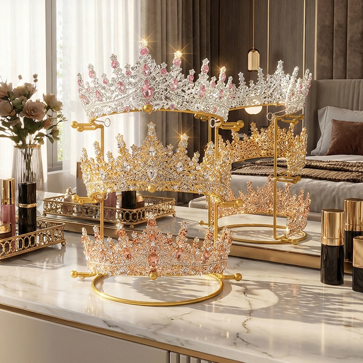 3-Tier Gold Crown Display Stand, Premium Metal Tiara Holder with Anti-Slip Ball Design, Multi-Layer Jewelry Organizer