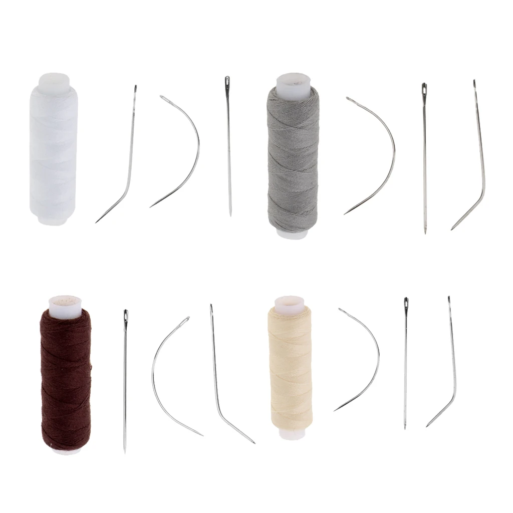 4 Sets Hair Sewing Weaving Thread Kit for Hair Track Extensions Weft Braiding Tools, Beige, Brown, Grey, White