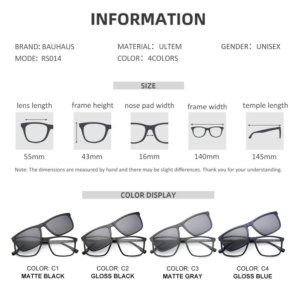 RS014 Black Square Ultem Eyeglasses Men Polarized Magnetic Clip On Sunglasses Lightweight 360 Rotation Temple