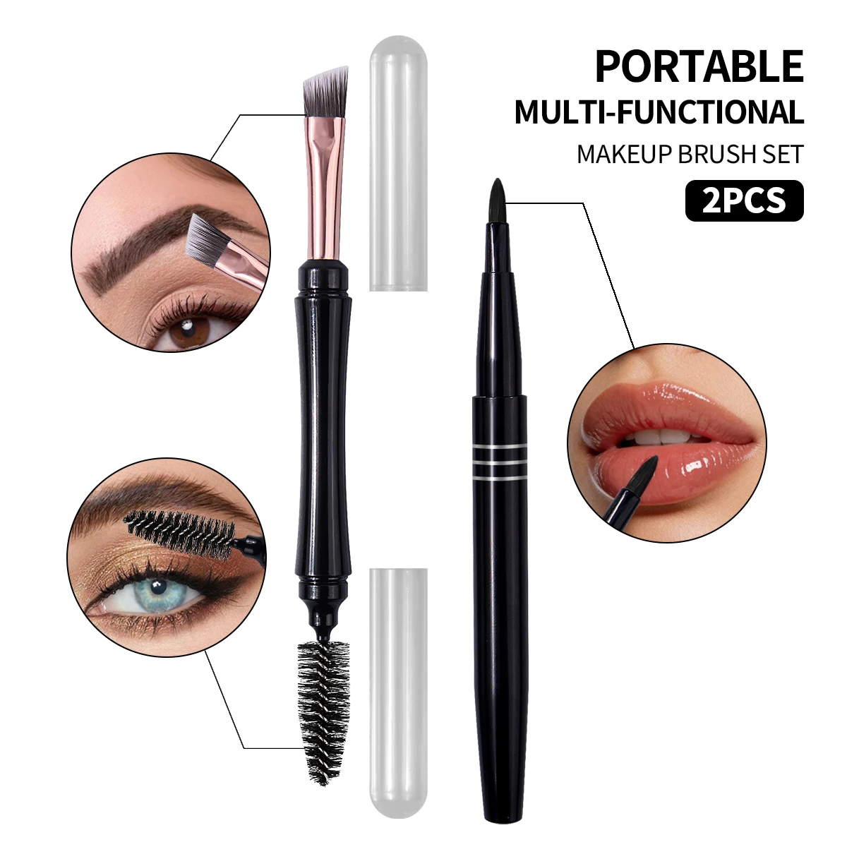 2Pcs Portable Multi‑functional Eyebrow Brush Set Dual End Brow Spoolie Lip Brush Pen for Eye Lip Makeup Cosmetic Beauty Tools