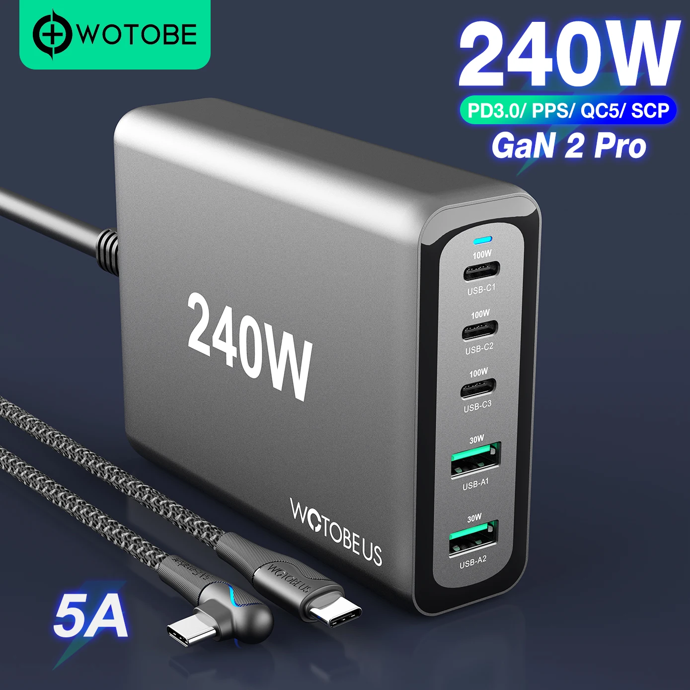 WOTOBE 240W GaN 2 Pro USB-C Power Adapter,5-port PD100W PPS 65W 45W QC4.0 for  iPhone MacBook Samsung HP Dell Mibook Laptop