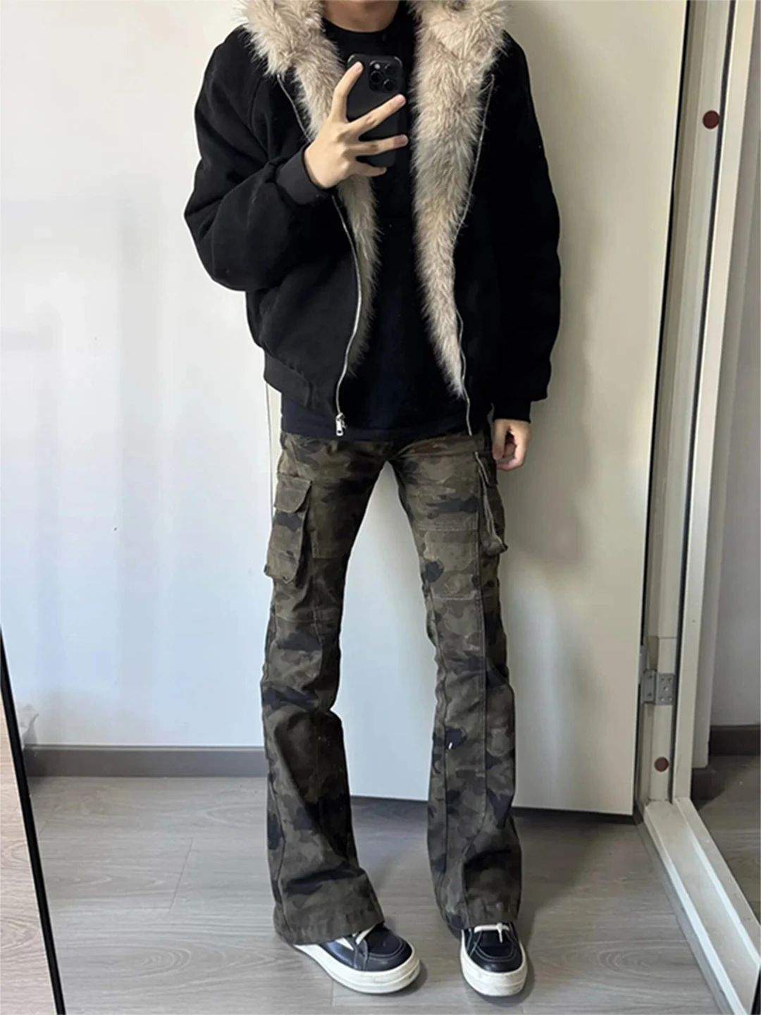 

American Vibe Camouflage Work Pants Men's Autumn Winter Fleece Lined Tapered Leg Lengthening Micro Flared Straight Leg Pants