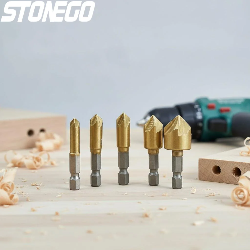 6PCS Titanium Coated Countersunk Drill Bit Set 14 Inch Hex Shank 5 Slot 90 Degree Wood Chamfering Bits for Power Drill
