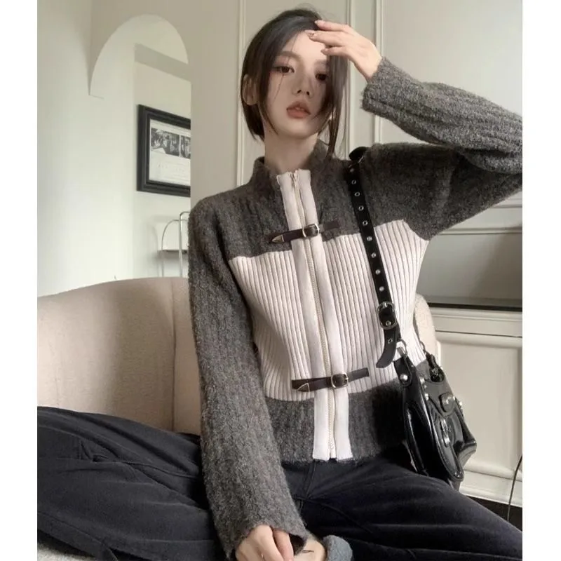 

New Women's Golf Clothing Splice Zipper luxury Turtleneck Golf Wear Cardigan ladies Golf Coat Autumn Winter Slim Knit Top 골프웨어여성