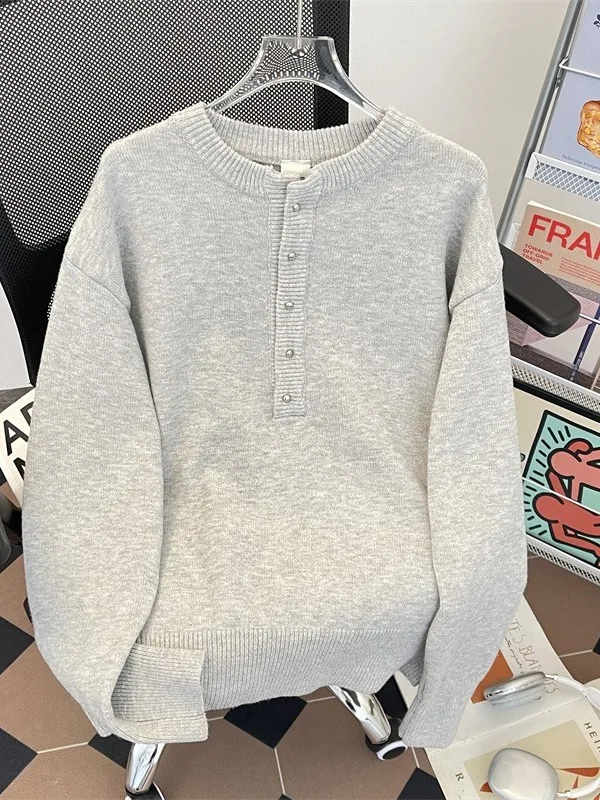 

American Retro Henry Collar Sweater ex Autumn Winter Casual Loose Fit Versatile Knitted Top Breathable Warm Non-deformable