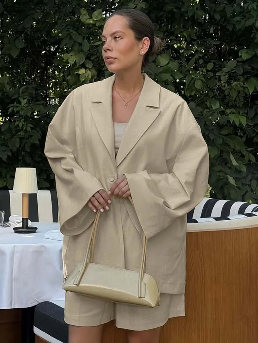 

Oymimi Casual Khaki Cotton Two Piece Set Woman Fashion Long Sleeve Button Pockets Shirts And High Waist Simple Shorts Female Set