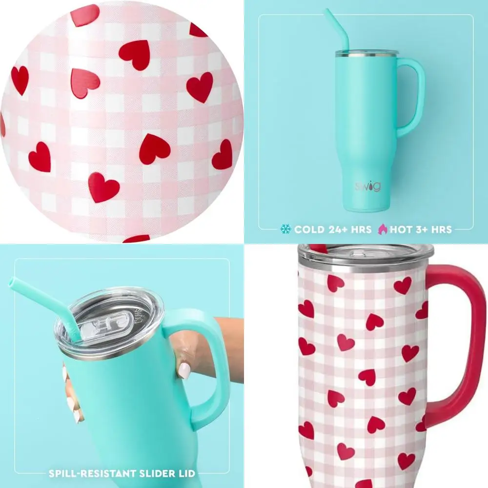 

30 oz Insulated Stainless Steel Tumbler with Handle, Straw, and Cup Holder - Dishwasher Safe, Mega Mug Red Hot