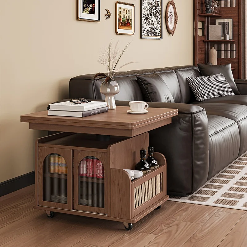#Adjustable Solid Wood Folding Dining Table Dual-Use Tea Table With Movable Trolley For Living Room Sofa Side Cabinet