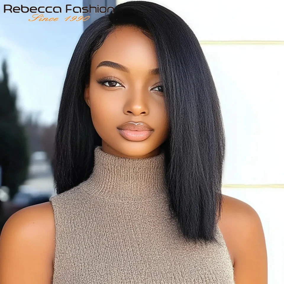 

Kinky Straight Human Hair Wigs Side Part Wear And Go Glueless Wig 180 Density Remy Brazilian Yaki Straight Bob Wig Human Hair