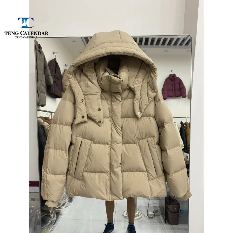 Artistic Puff Down Jacket, Loose, Fashionable and Simple, Slim and Detachable Hat Bread Jacket, 2024 Women's Winter New Style