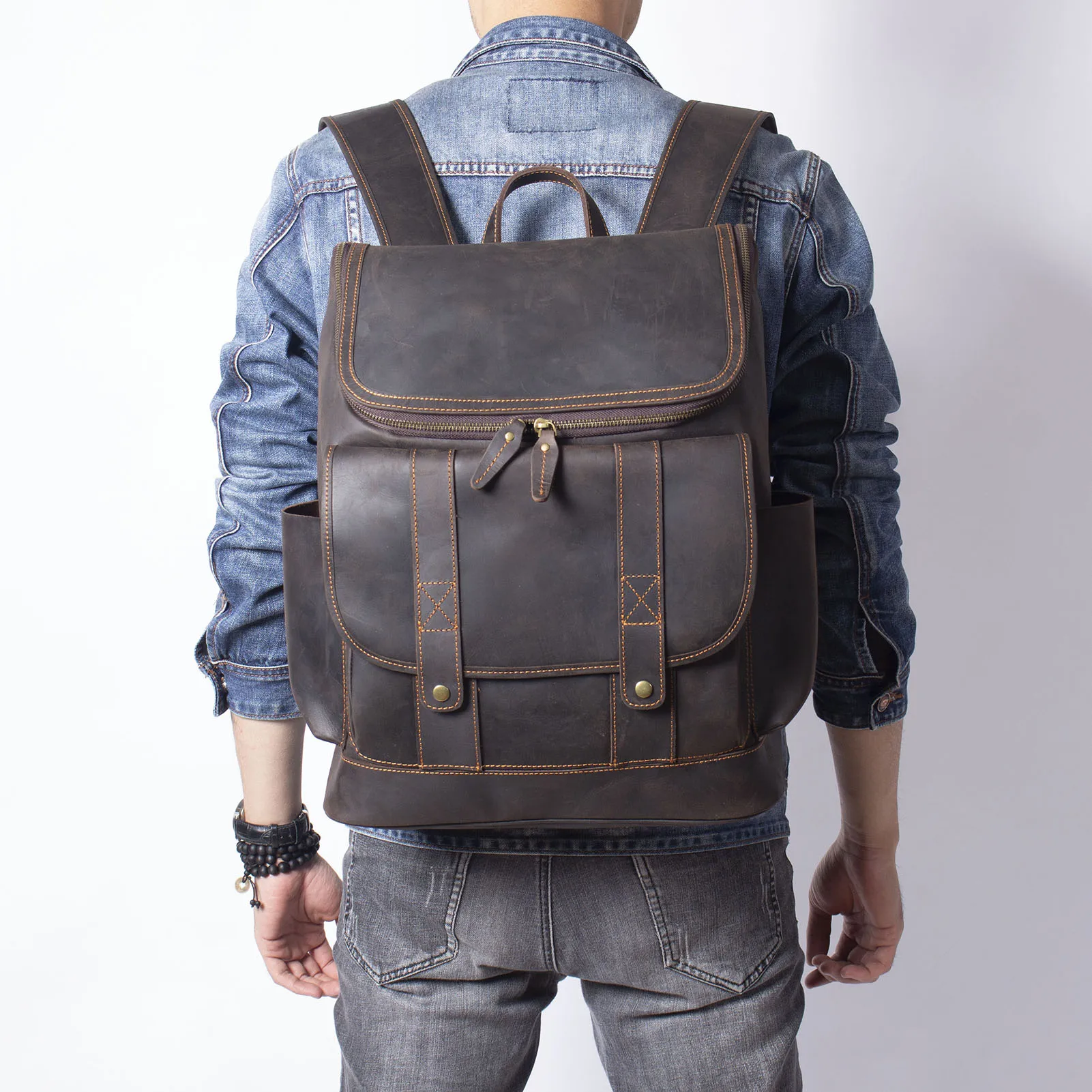 Vintage Echtleder Herrenrucksack Große Kapazität Top-Grain Leder Laptop-Umhängetasche Crazy Horse Tasche Mode für Männer – Detail 6