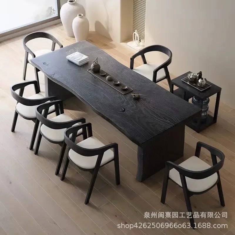 Wabi Sabi Black Solid Wood Kung Fu Tea Table Large Board with Chairs Simple Creative Reception Conference Desk for Tea