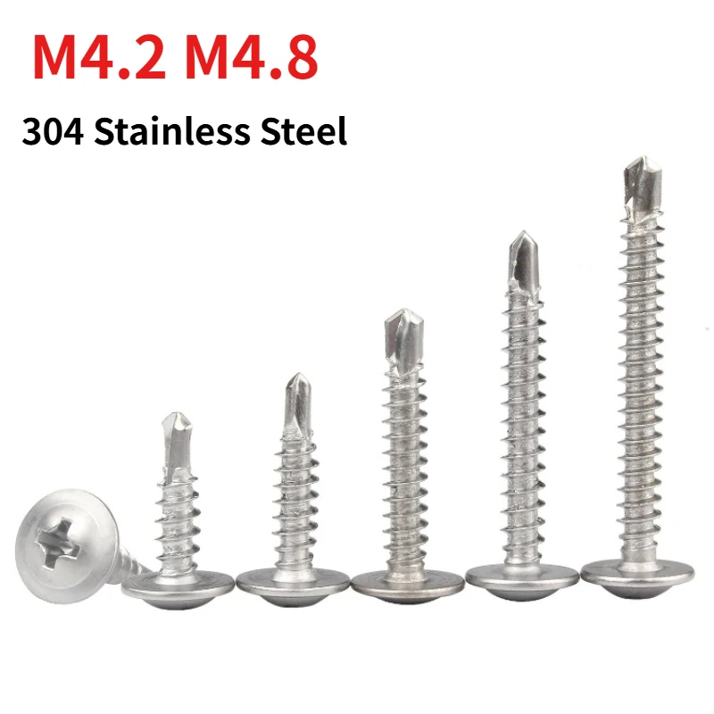 M4.2 M4.8 304 Stainless Steel Phillips Truss Head Self Drilling Screw, A2 Large Flat Mushroom Head Self-drilling Fastener