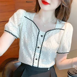 Commute Square Collar Women's Puff Contrast Color Hook Flower Hollow Short Sleeve Summer Pullover Chiffon Button Up T-shirt Tops