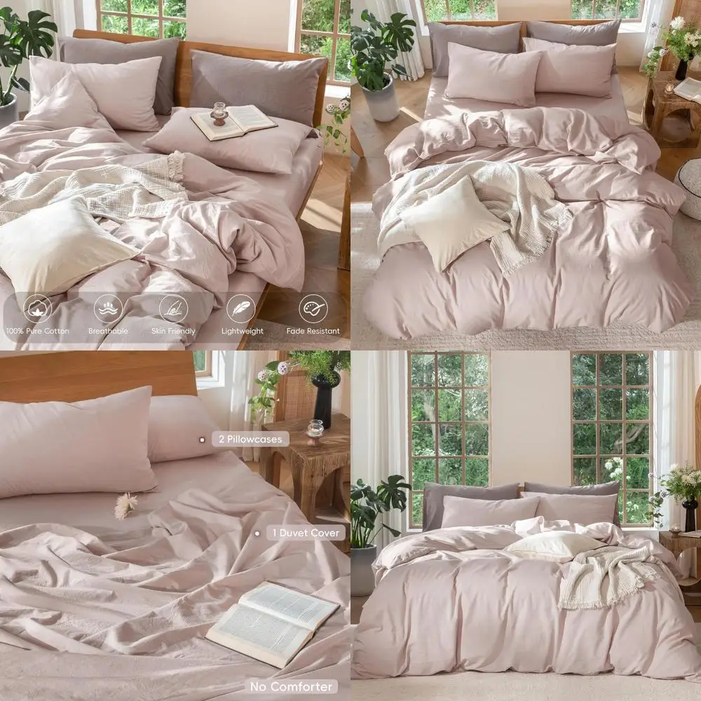 

Bedding Duvet Cover Set 100% Washed Cotton Linen Like Textured Breathable Durable Soft Comfy (Heathered Greyish Pink, Full 80"x9