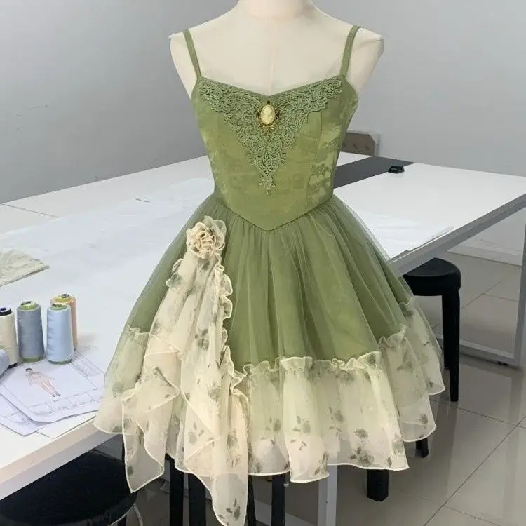 فستان Y2k صيفي بنمط خرافي للنساء بحزام نحيف وحاشية مكشكشة من الدانتيل فساتين كلاسيكية مرقعة شبكية أنيقة كاواي جمالية مثيرة