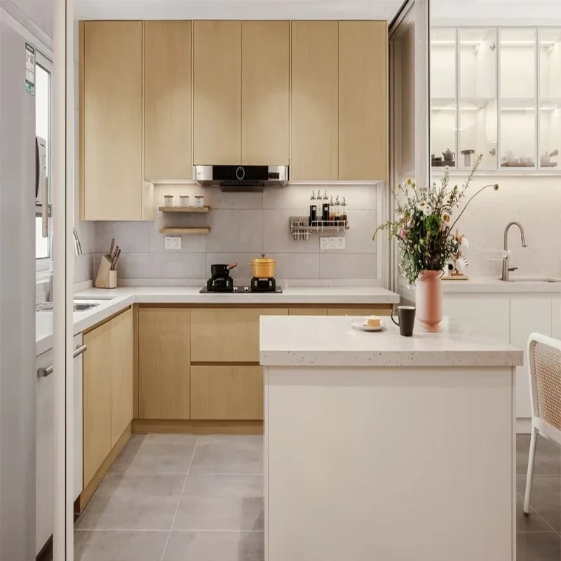 With gold metal handles, wooden and steel cabinets