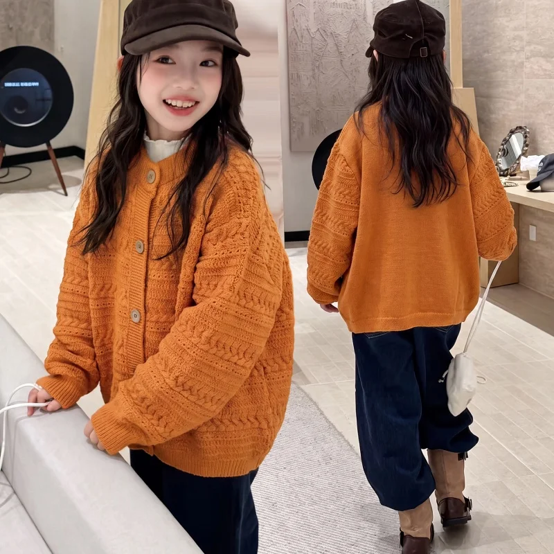 Girls Vintage Cable Knit Cardigan Twist Jacquard Texture Loose Long Sleeve Sweater Teen Girls Spring Fall Layering Knit Outerwea