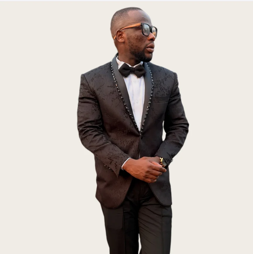 Wedding Men's Suits Shawl Lapel One Button 2 Piece Set Black Jacquard Tuxedo with Beading Prom Slim Fit Blazer Pants Customized