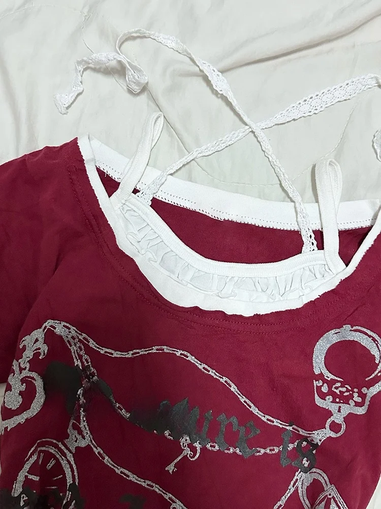 Original Retro Rotes T-Shirt f Chi Tao Sommer Neues kleines Design Y2K Millennium Spicy Girl Top Damen Casual Faion Print...