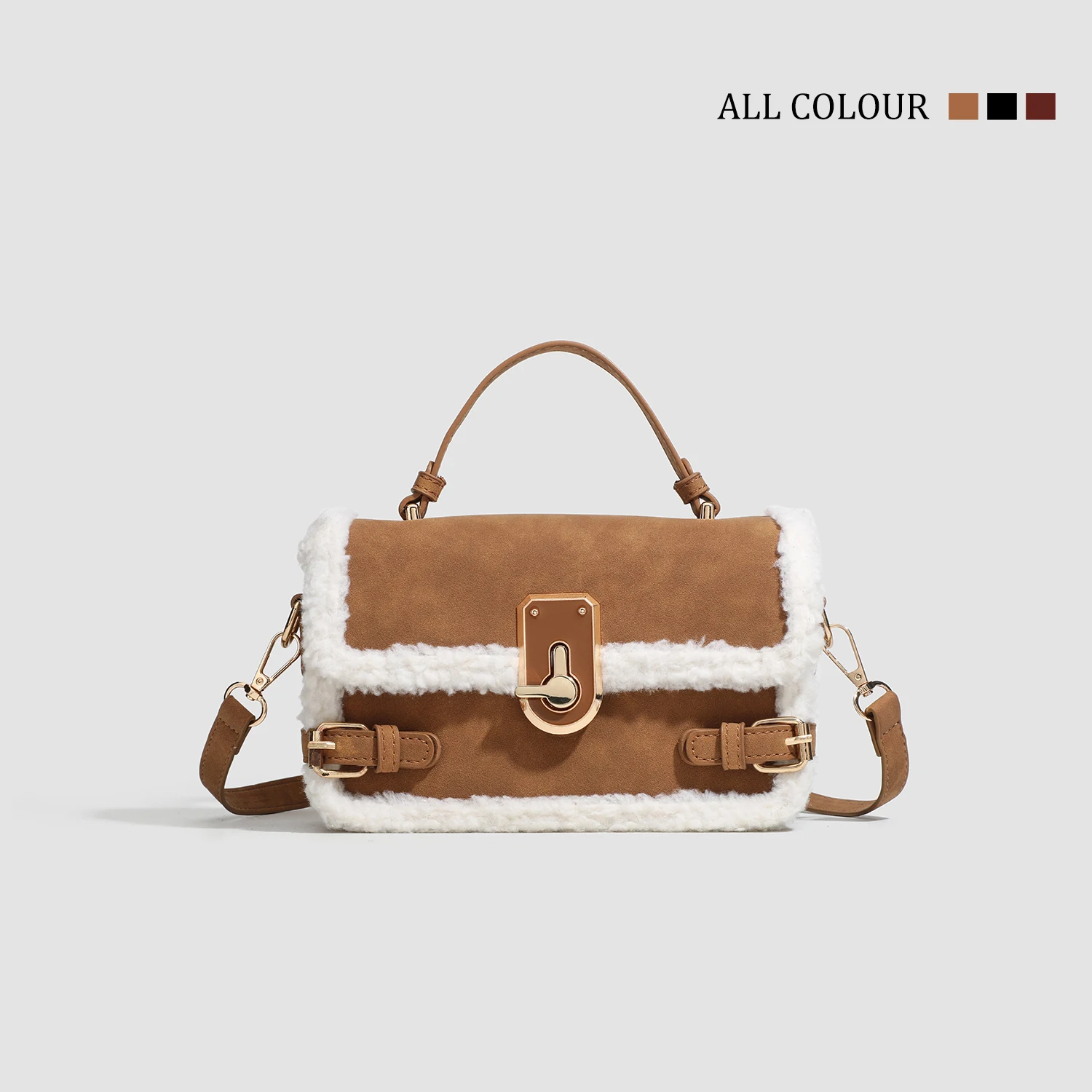 High Quality Burgundy Chic Lock Crossbody Bag 2025 New Women's Lamb Wool Splicing Shoulder Bags Fashion Elegant Ladies Handbag