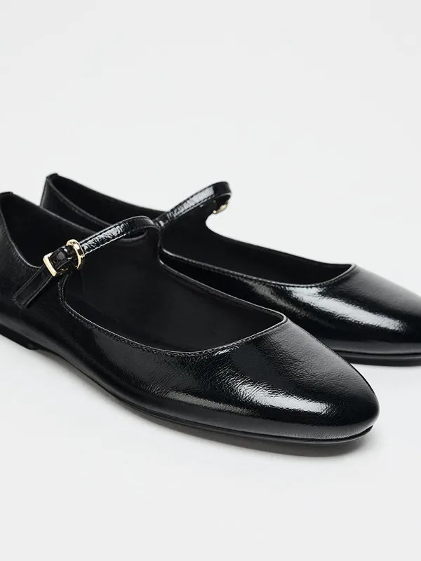 black-patent-leather-ballet-flats-with-buckle-strap-flat-bottom-women's-shoes-spring-summer-new-arrival-fashion-single-shoes