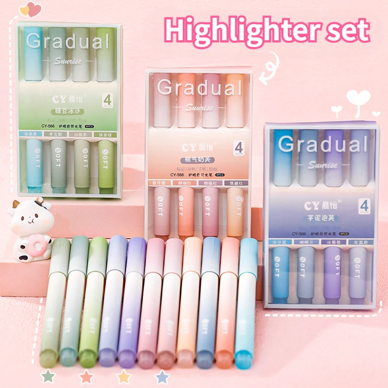 Creative cute gradual change color highlighter, student color marker, large capacity highlighter, oblique head handbook pen