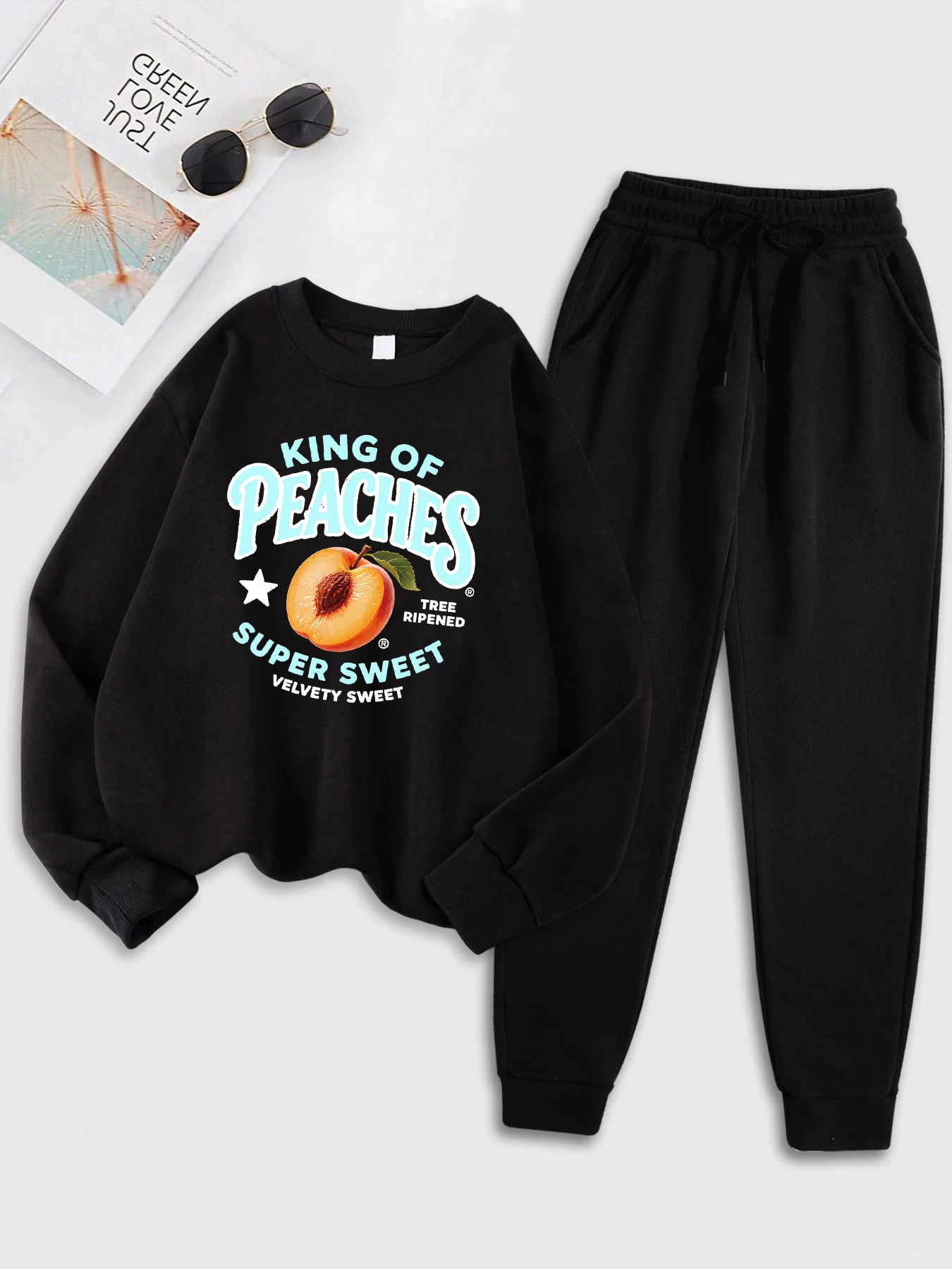 Kind Of Sweet Peach Prints Sweatshirts Set Women Fleece Crewneck Sweatshirt Fashion Casual Clothing Soft Hip Hop Sportswears