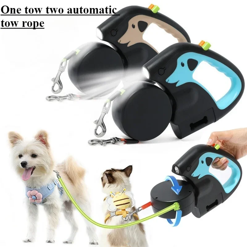 

New Double dog Leash Light retractable roulette double end leash Portable rotating pet leash for 2 dogs walking pet supplies