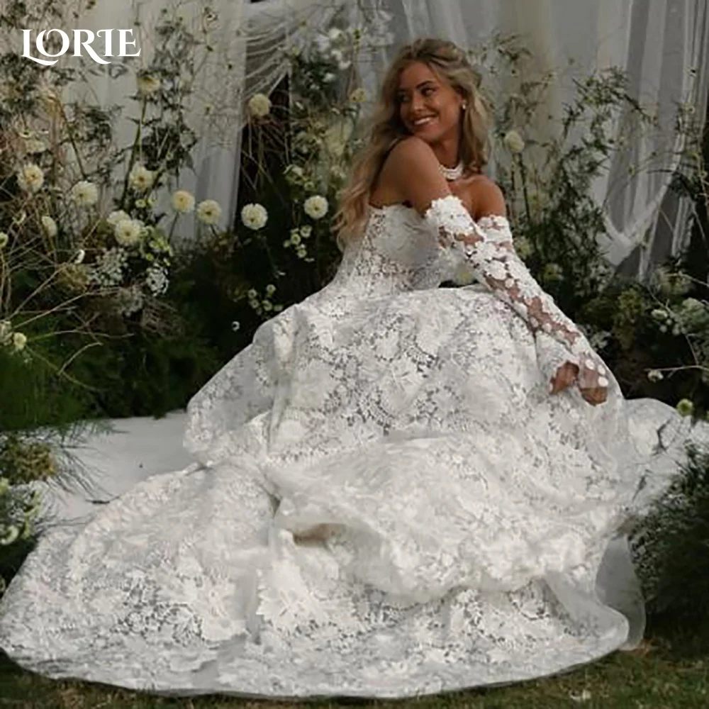 

LORIE Vintage Lace A-Line Wedding Dresses Long Sleeves Brush Train A-Line Appliques Bridal Gown Backless Bride Dress Customized