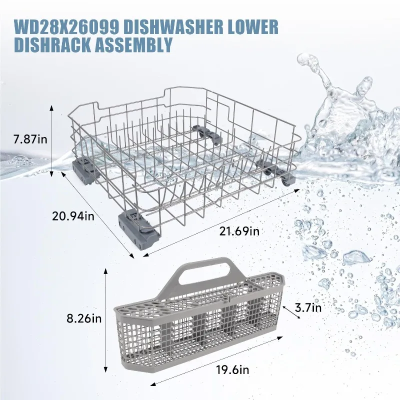 GE Dishwasher Upgrade Kit: WD28X26099 Lower Dishrack + WD28X10128 Silverware Basket, Premium Durable Replacement Parts