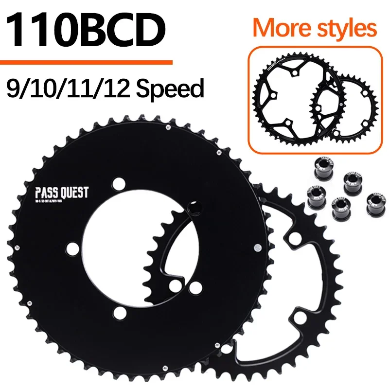 Pass Quest 110bcd 5 Bolt Chainring Hollow Closed Chain Wheel for 9/10/11/12 Speed Double Chainring Aluminum Alloy Black