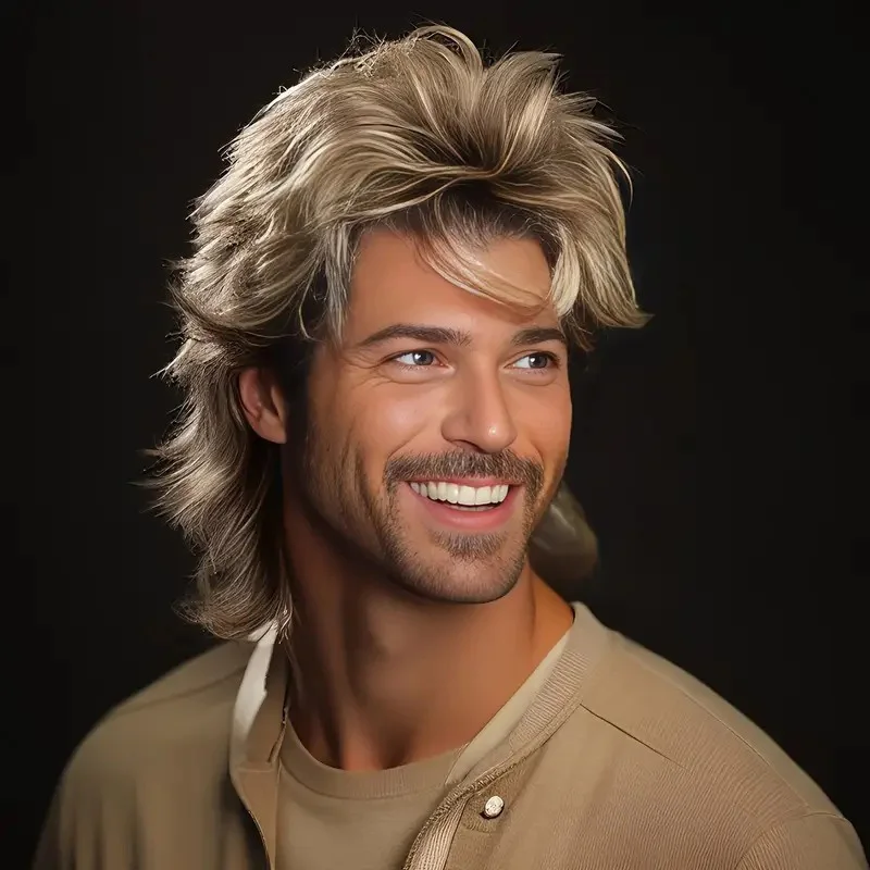 باروكة رجالي طراز الثمانينيات بتصميم رأس الثعبان، إكسسوار تنكري للحفلات، شعر كثيف متوسط الطول، باروكة موليت للرجال