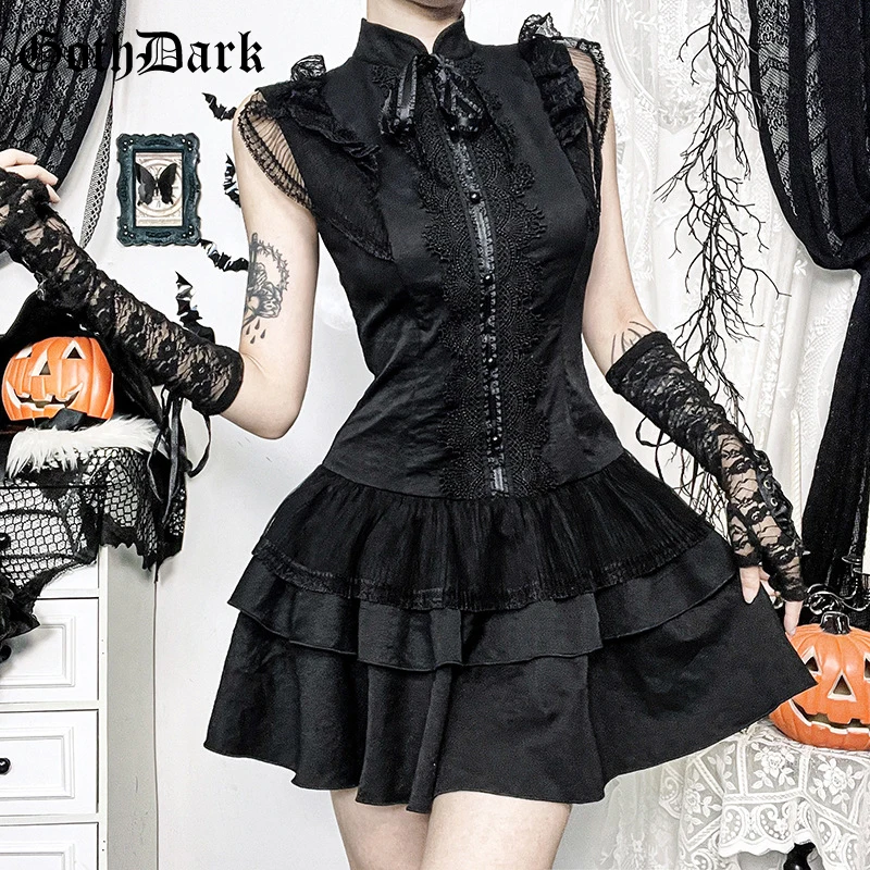 

Goth Dark Fairycore Black Sleeveless Shirt Dress 90s E-girl Lace Splice Party Ball Gown Mall Gothic Zip Slim Mini Dresses Women