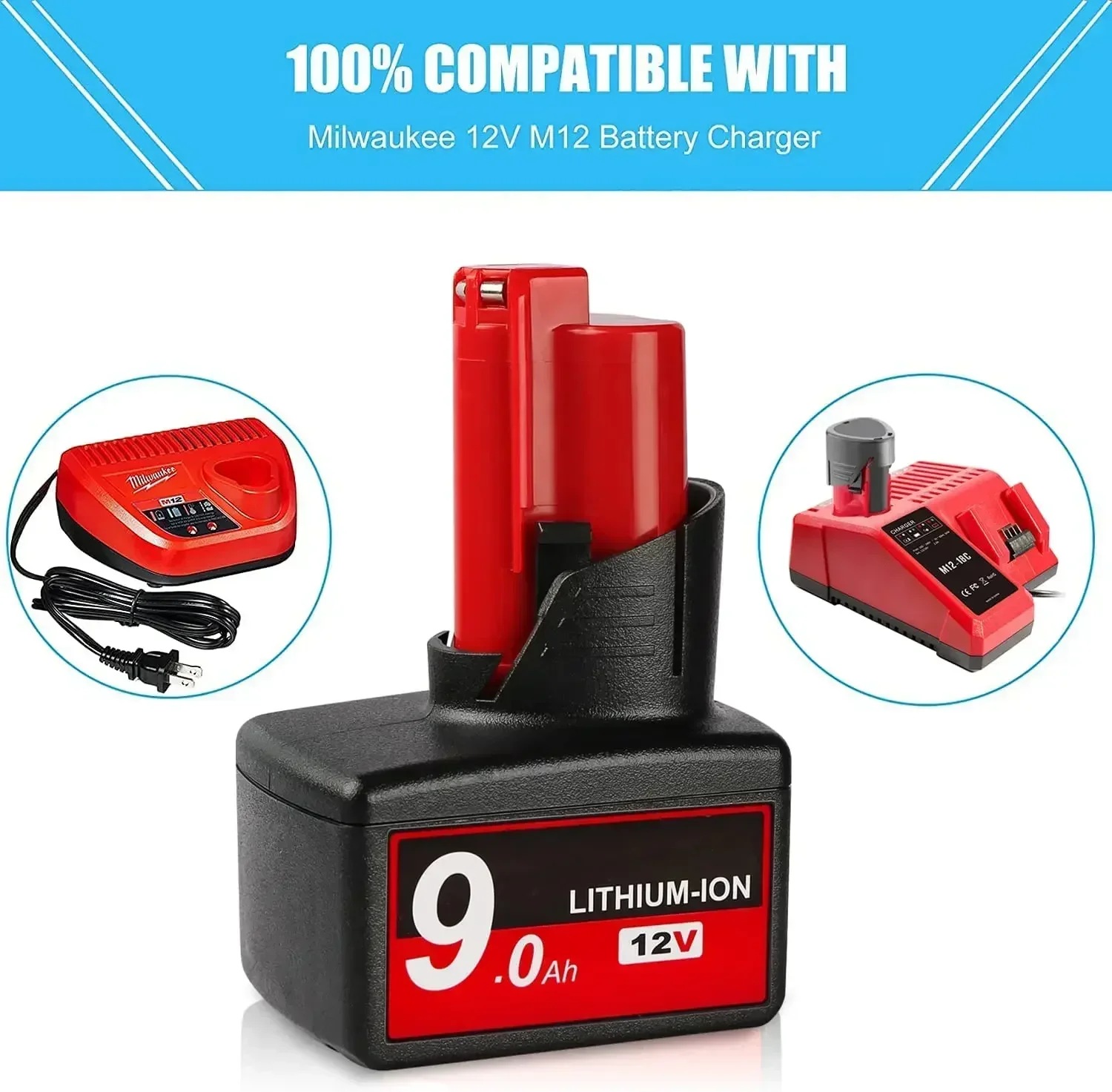 9.0AH For Milwaukee M12 48-11-2460 LITHIUM XC 9.0 Extended Battery 48-11-2412 48-11-2402/48-11-2410/48-11-2411/48-11-2420