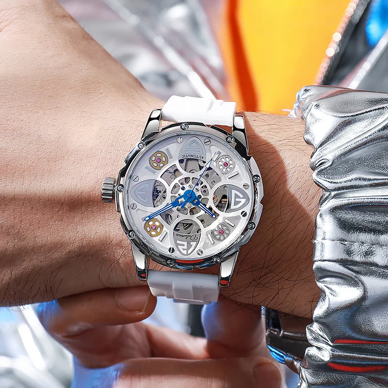 Stainless Steel Four-Leaf Clover Series Skeleton Luminous Waterproof Self-Wind Automatic Mechanical Watch for Men