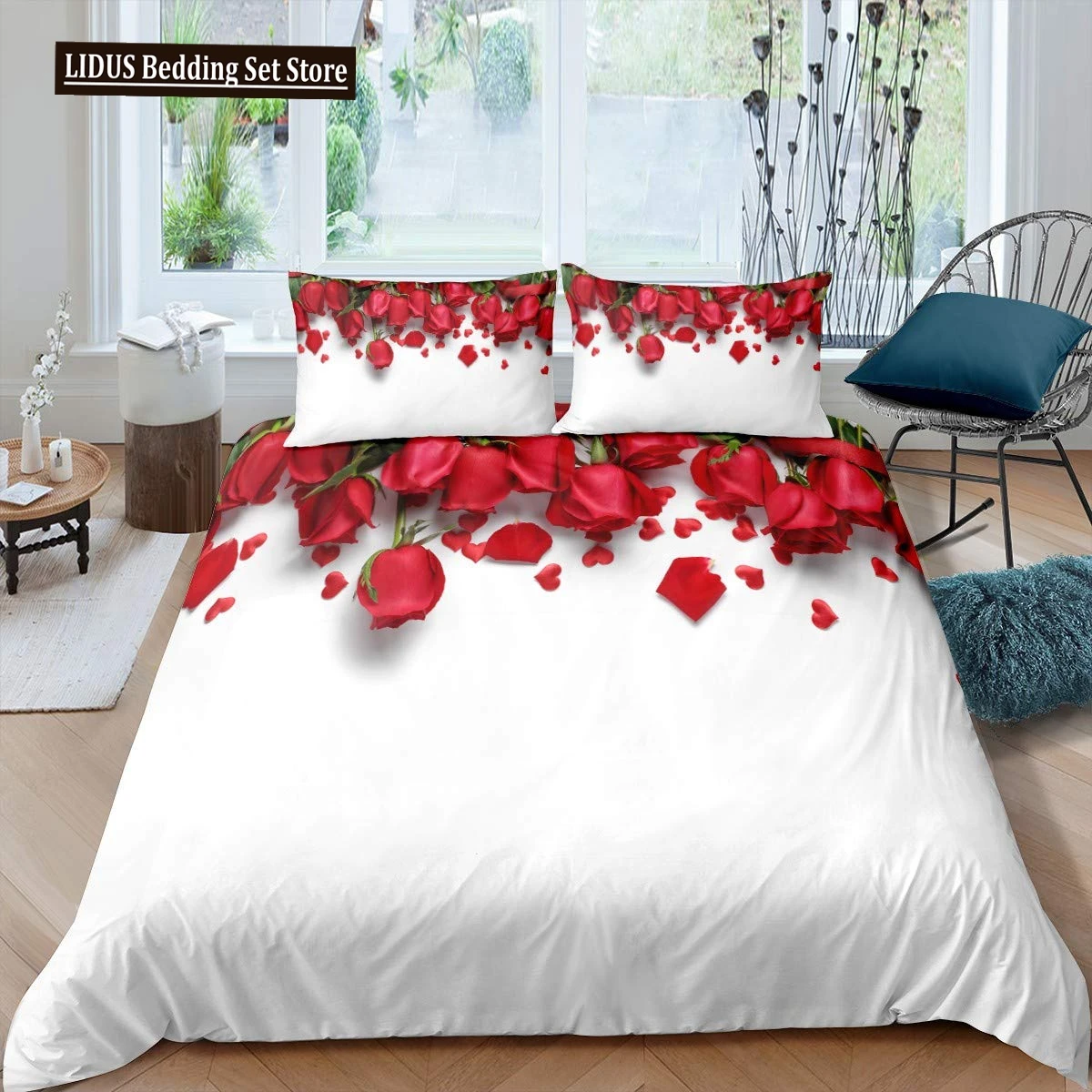 

Red Rose Duvet Cover Set Rose Flower Print Bedding Set Romantic Fresh Style King Size Quilt Cover With Pillow Cases For Lovers