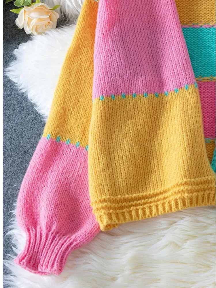 여성용 컬러 블록 패치워크 가디건 2025 가을 겨울 패션 루즈 니트 스웨터 코트