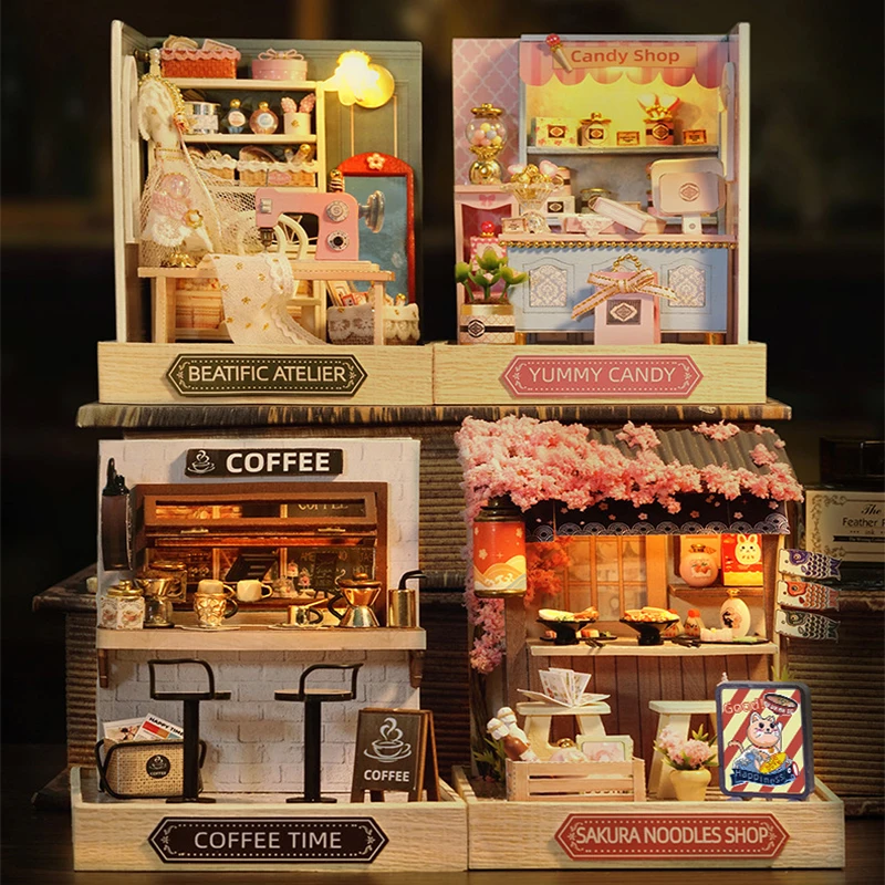 DIY Miniatures Sakura Noodles Coffee Shop Wooden Handmade Assemble Model House Kit Desktop Ornament Home Decoration Crafts Gifts
