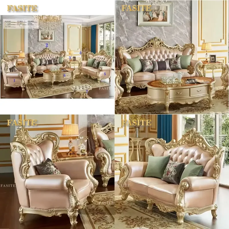 For European Style Living Room Furniture Sets Luxury Royal Carved Solid Wood Genuine Leather Sofa Set Home Decor