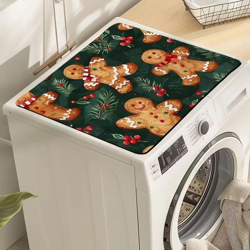 VIKAMA Merry Christmas Gingerbread Cookie Winter Washing Machine Cover Mat Baking Dryer Top Protector Pad Non Slip Home Decor